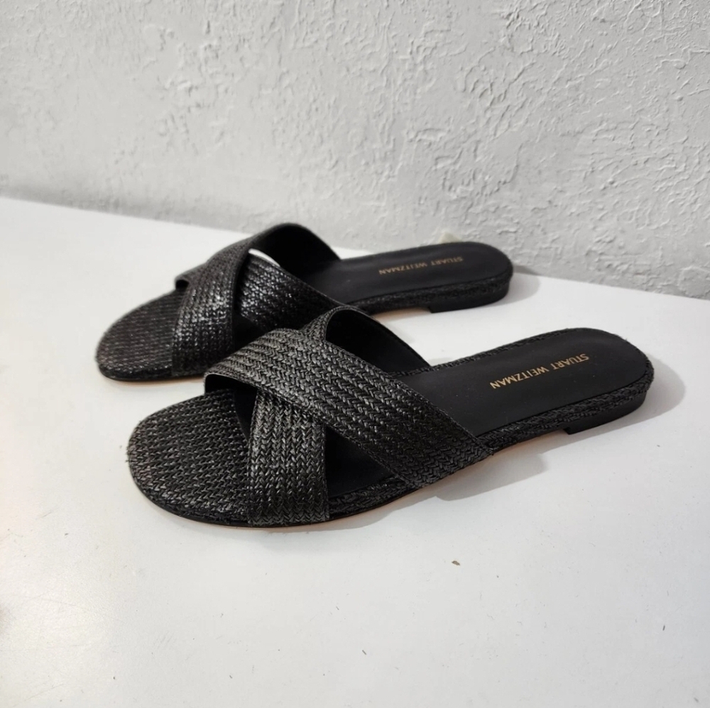 Stuart Weitzman Roza Criss Cross Black Slip On Sandal Shoes Womens 5.5